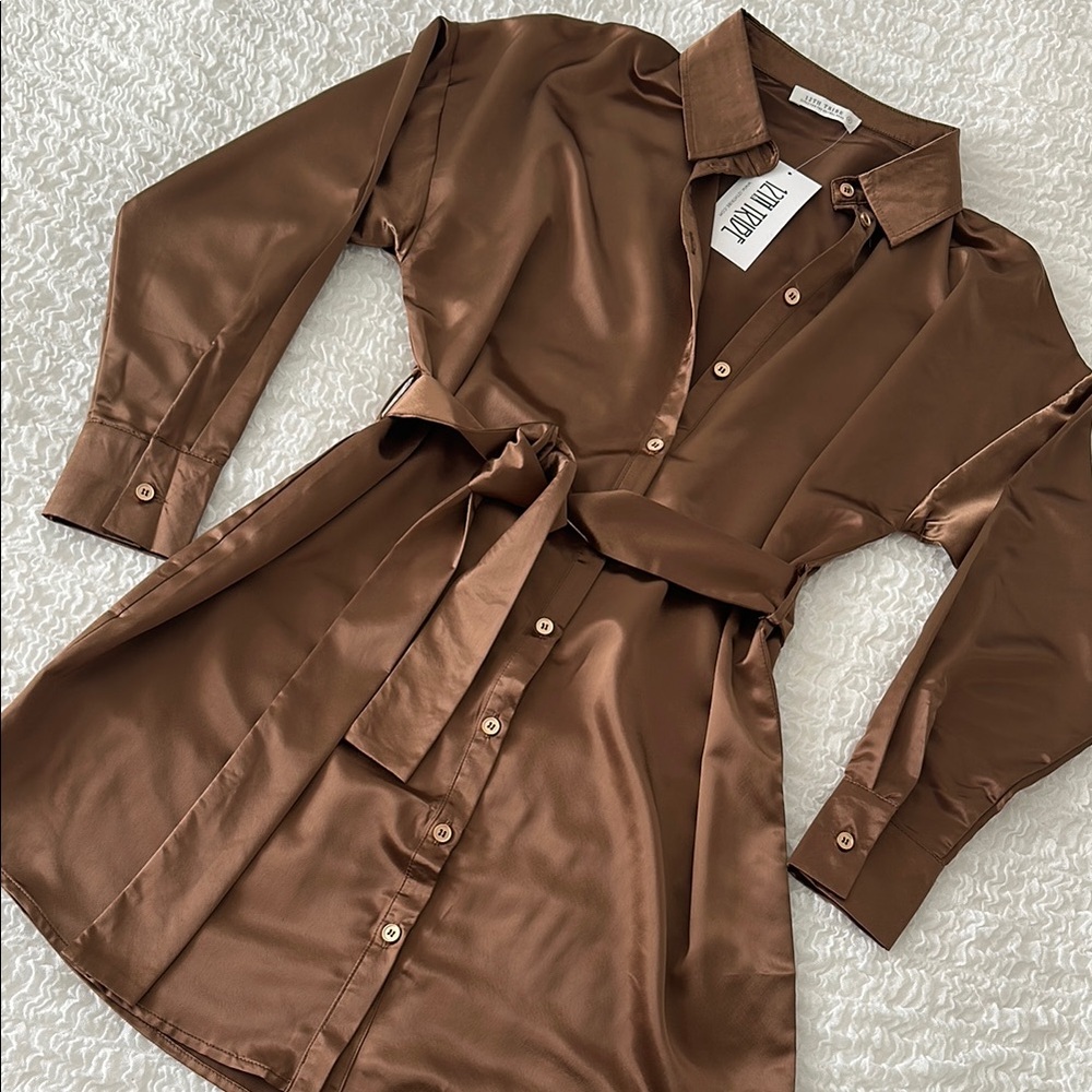 12th Tribe Brown Satin Shirt Dress